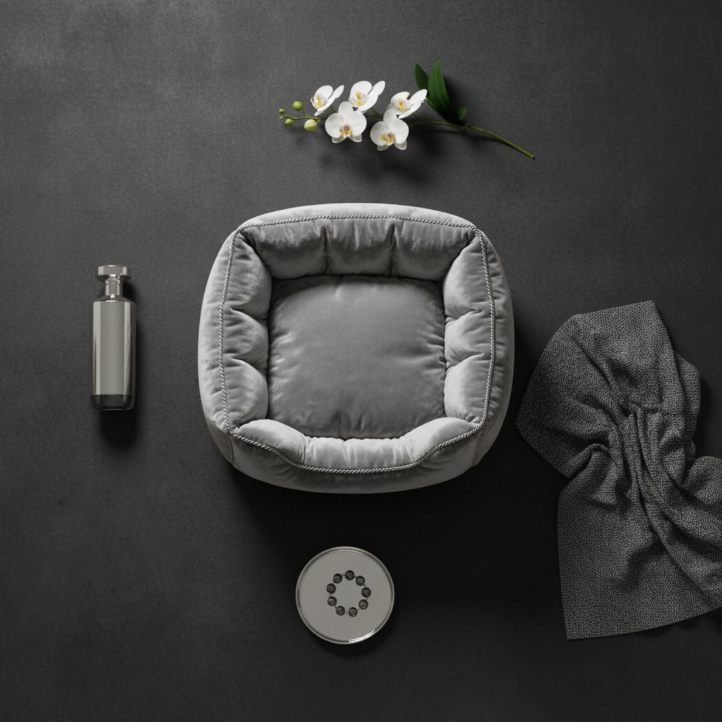 VelvetThrone pet sofa flat lay with luxury accessories on charcoal background