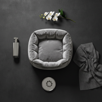 VelvetThrone pet sofa flat lay with luxury accessories on charcoal background