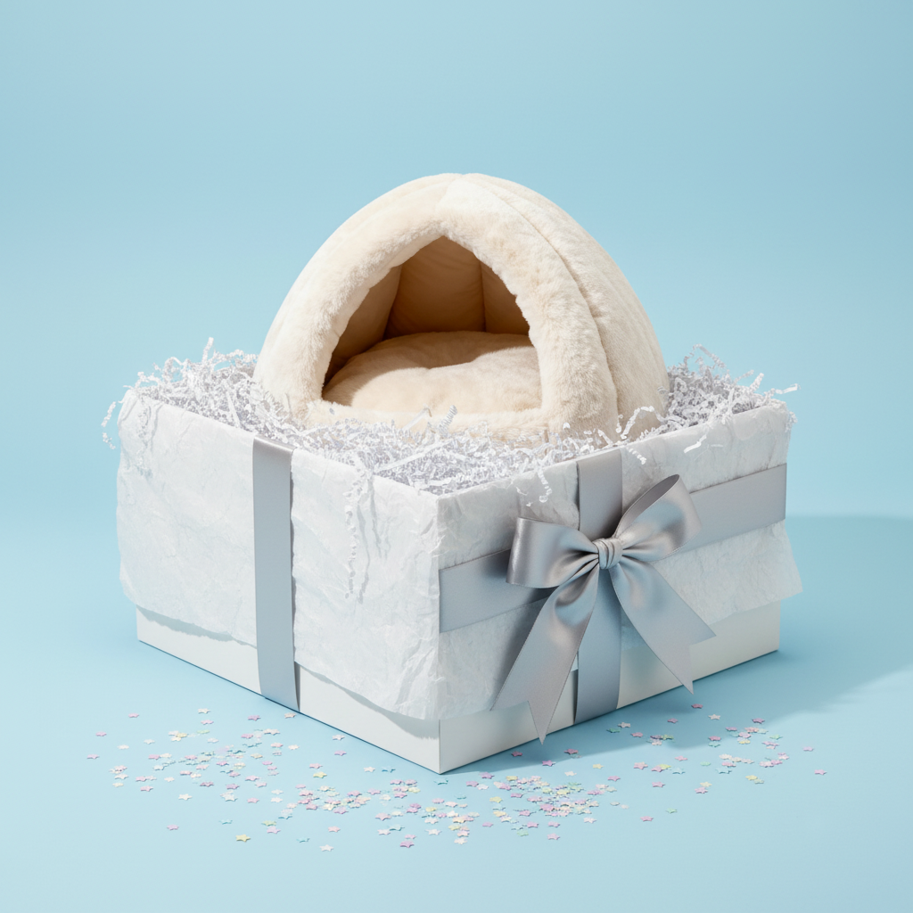 CozyDen cave bed gift presentation on sky blue background