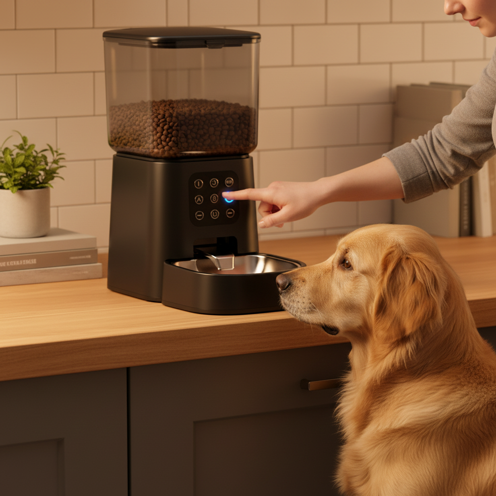 Owner programming FeedMaster Pro schedule while dog watches in home kitchen