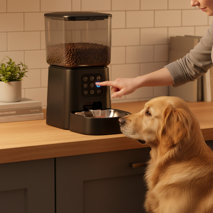 Owner programming FeedMaster Pro schedule while dog watches in home kitchen
