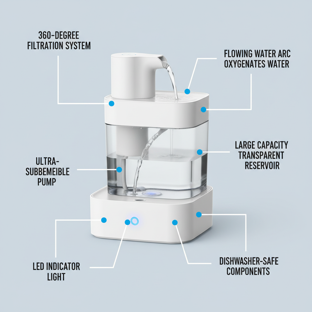 AquaFlow pet water fountain feature infographic on light blue-grey background