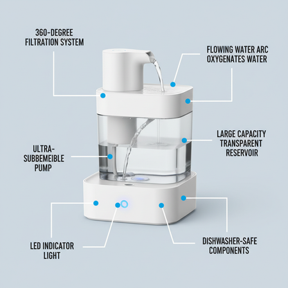 AquaFlow pet water fountain feature infographic on light blue-grey background