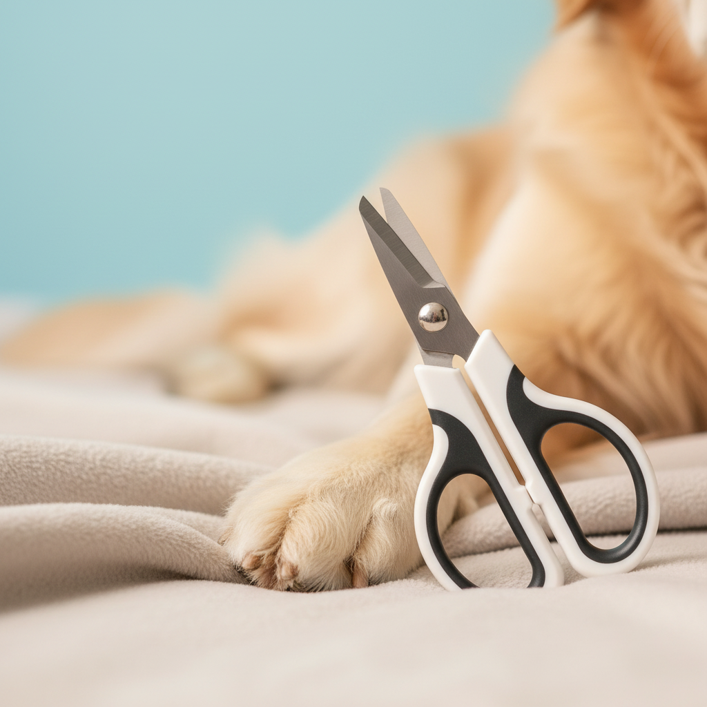 PawCut Pro scissors next to golden retriever paw on blue background