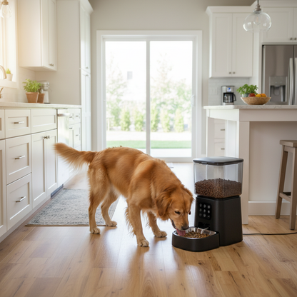 Golden retriever eating from FeedMaster Pro stainless steel bowl in modern kitchen