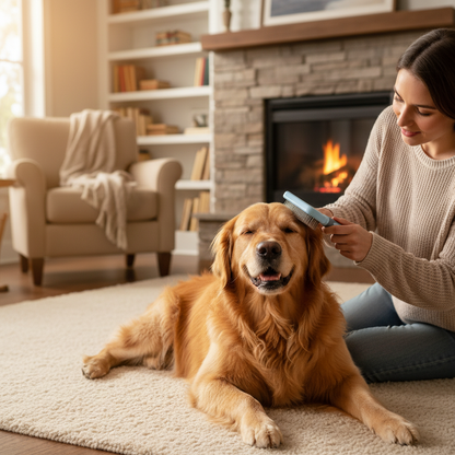 Person grooming golden retriever with GroomPro pin brush in cozy living room