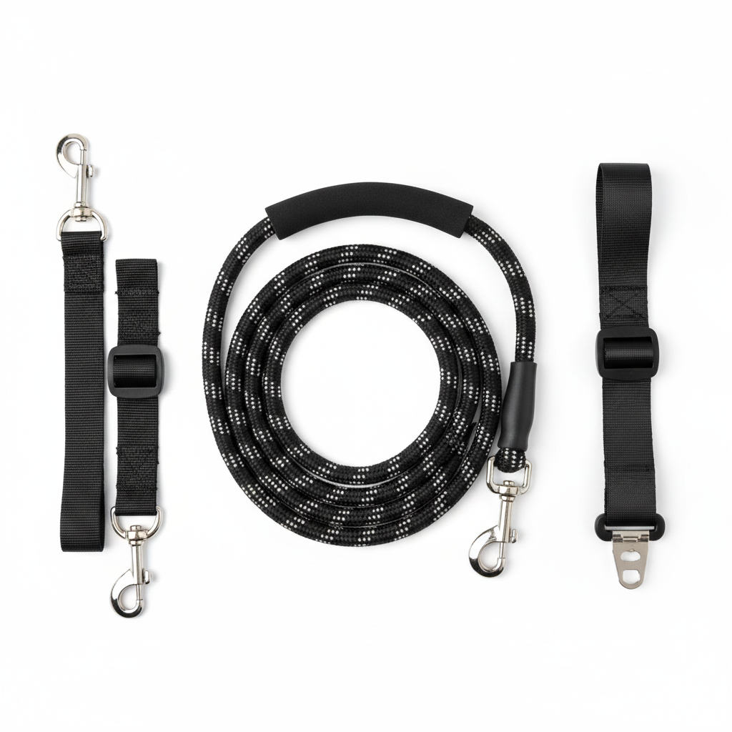 TrailSet Pro 3-in-1 Dog Leash Set flat lay on pure white background