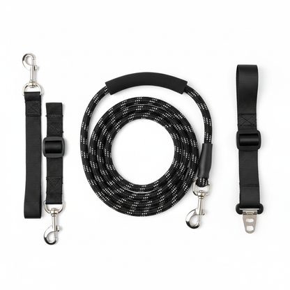 TrailSet Pro 3-in-1 Dog Leash Set flat lay on pure white background
