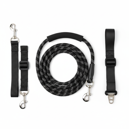 TrailSet Pro 3-in-1 Dog Leash Set flat lay on pure white background