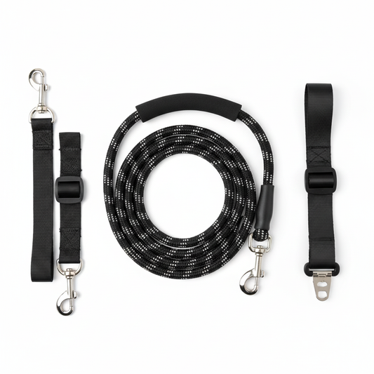 TrailSet Pro 3-in-1 Dog Leash Set flat lay on pure white background