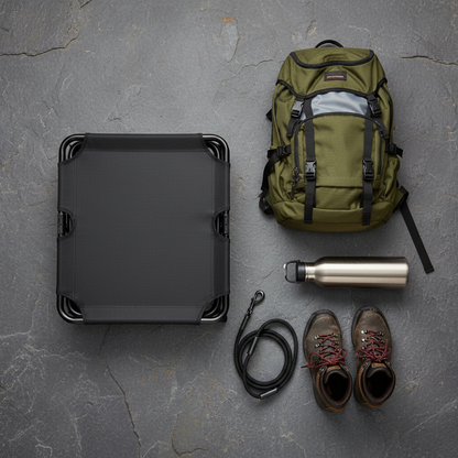 TrailRest Pro folded next to camping gear flat lay on slate gray background