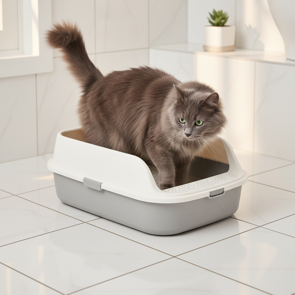 Gray cat stepping into OpenAir litter box in clean modern bathroom