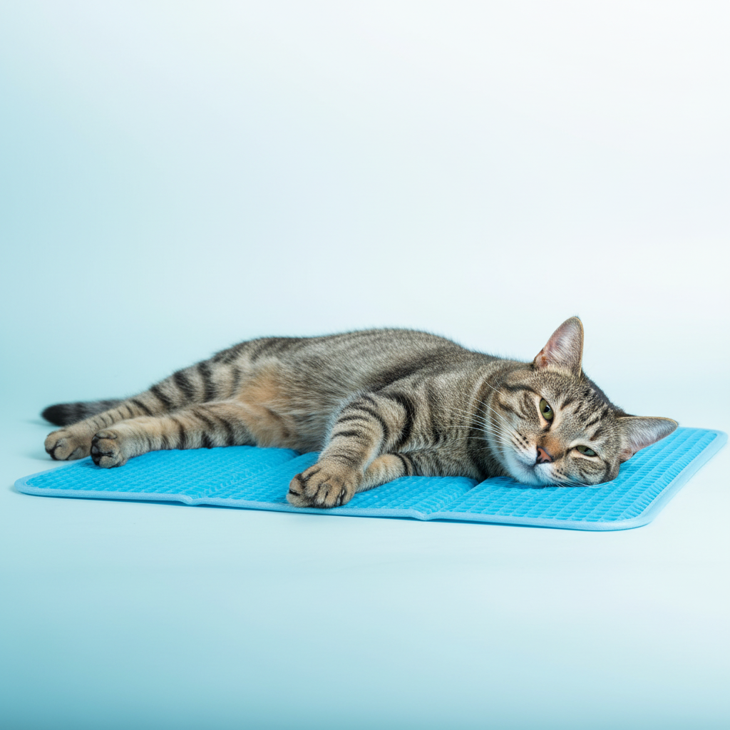 Tabby cat sprawled on CoolPaw cooling mat in relaxed summer scene