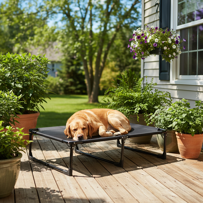 Labrador on TrailRest Pro cot on sunny wooden deck backyard