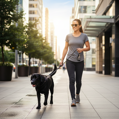 Person walking black Labrador on TrailSet Pro reflective rope leash on city sidewalk