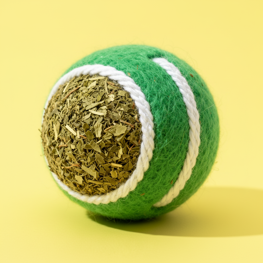 NipPlay catnip ball close-up showing dried catnip texture on yellow background
