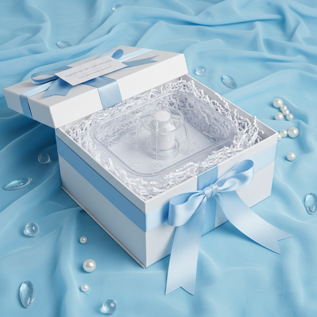 AquaFlow pet water fountain gift presentation in white box on icy blue background