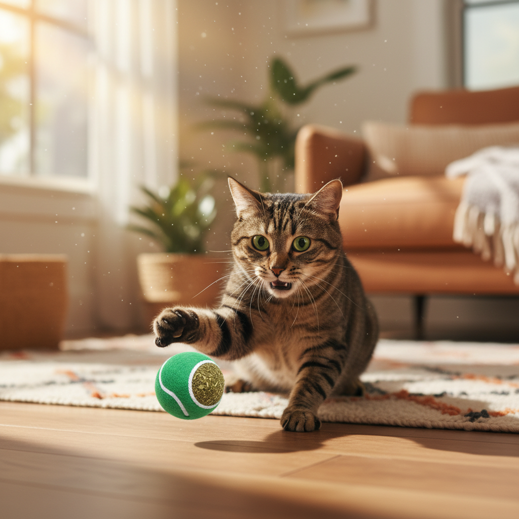 Tabby cat playing with NipPlay catnip ball on living room floor