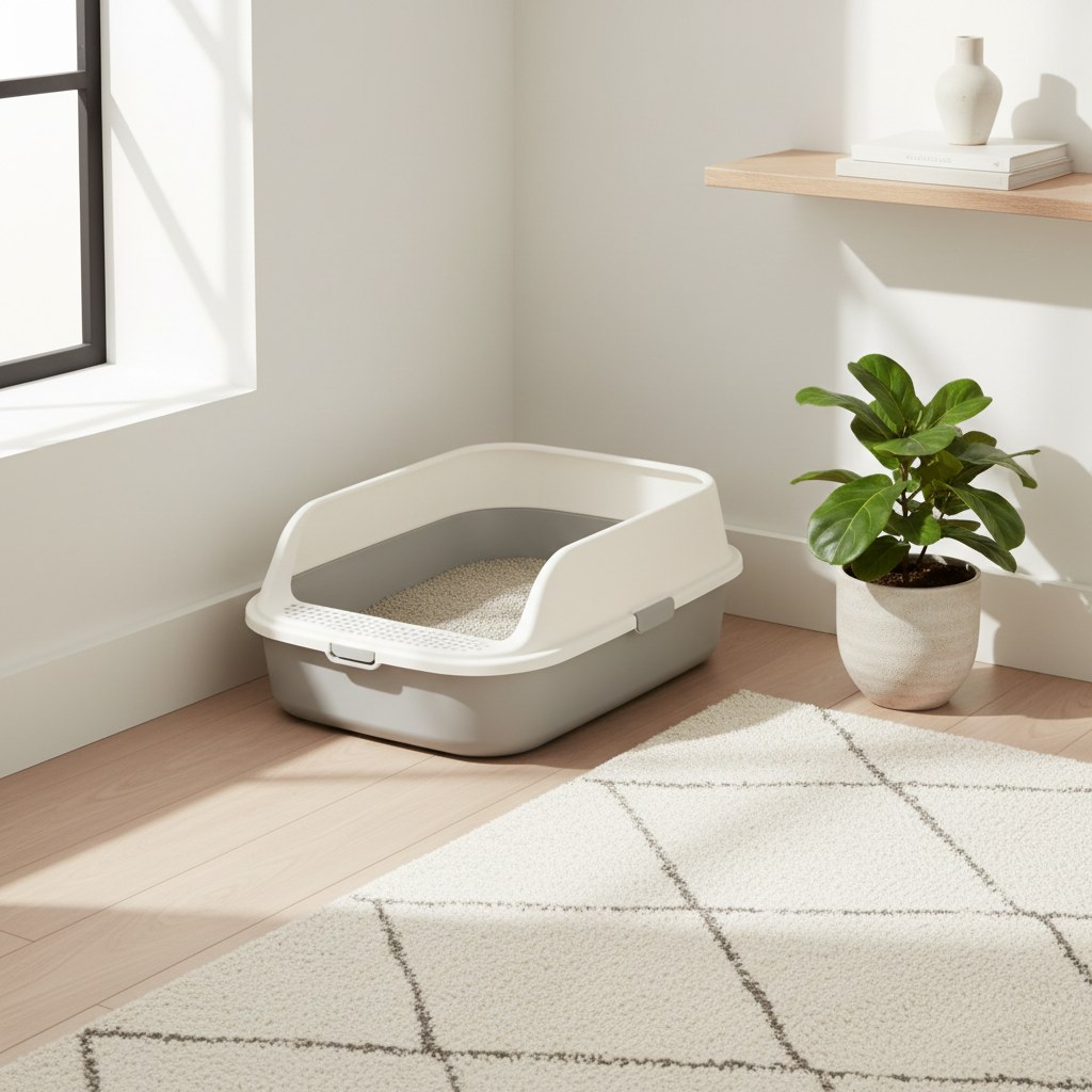 OpenAir litter box placed discreetly in Scandinavian living space corner beside plant