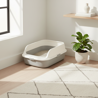OpenAir litter box placed discreetly in Scandinavian living space corner beside plant
