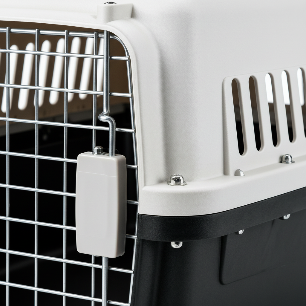 TravelSafe carrier chrome door latch and ventilation slots close-up