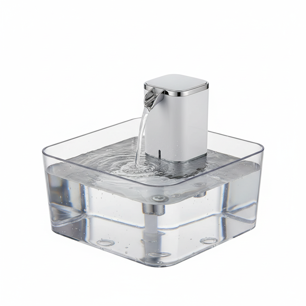 AquaFlow Pet Water Fountain on pure white background showing transparent reservoir and chrome spout