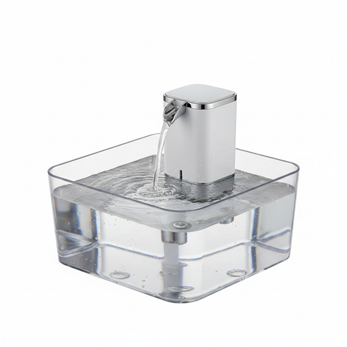 AquaFlow Pet Water Fountain on pure white background showing transparent reservoir and chrome spout
