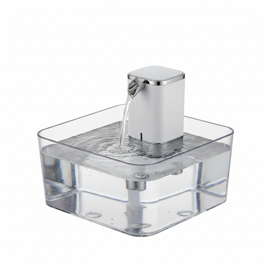 AquaFlow Pet Water Fountain on pure white background showing transparent reservoir and chrome spout