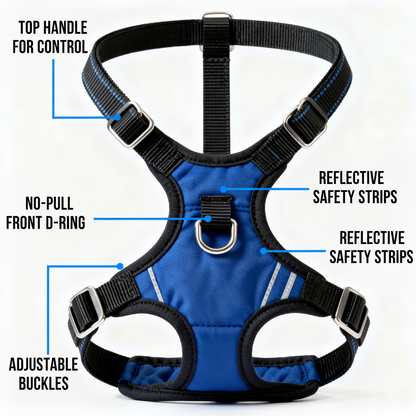 SafeStep harness feature infographic on white background