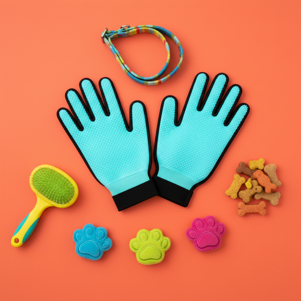 FurSoft Pro flat lay with pet accessories on coral background