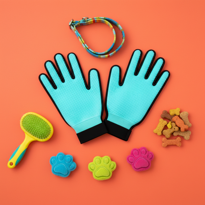 FurSoft Pro flat lay with pet accessories on coral background