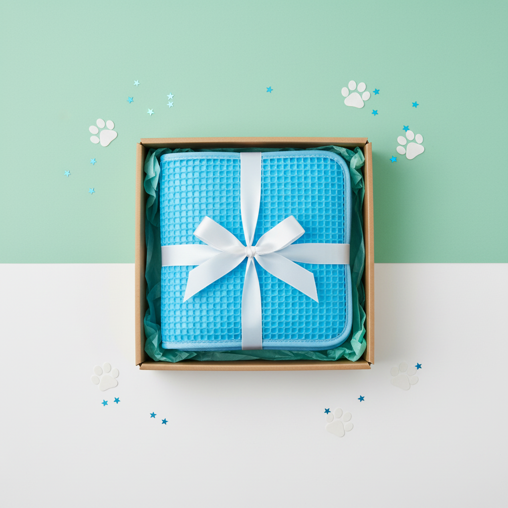 CoolPaw cooling mat gift presentation on mint green background