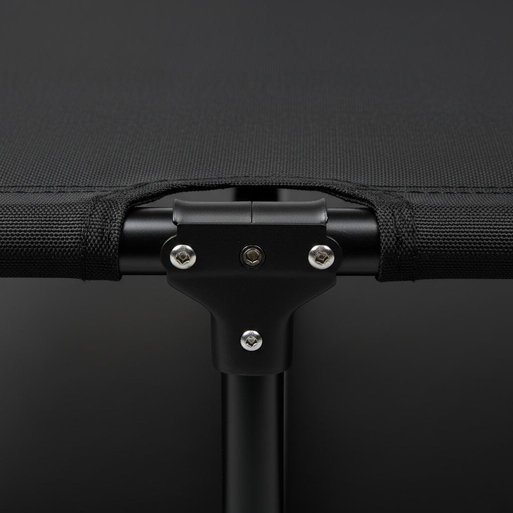 TrailRest Pro steel frame joint close-up on charcoal background