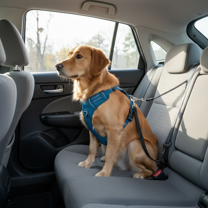 Dog secured in car back seat with TrailSet Pro seatbelt safety adapter