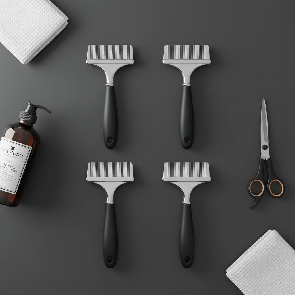 ComboSet Pro 4 combs flat lay with grooming accessories on charcoal background