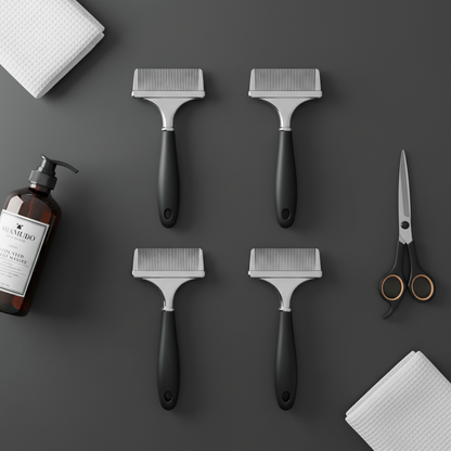 ComboSet Pro 4 combs flat lay with grooming accessories on charcoal background