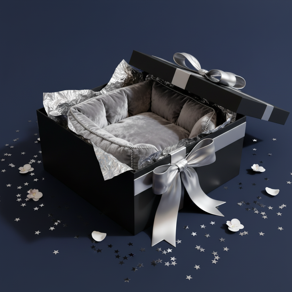 VelvetThrone gift presentation on deep navy background with silver ribbon