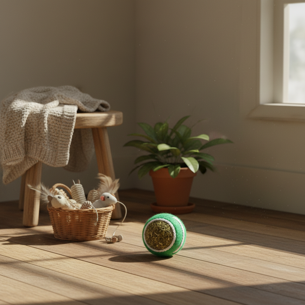 NipPlay catnip ball in cozy rustic cat corner with wooden floor