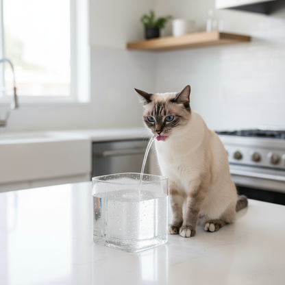 Cat drinking from AquaFlow flowing water arc on kitchen countertop