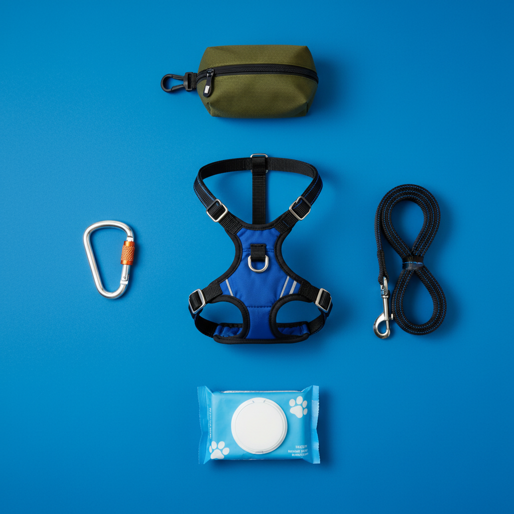 SafeStep harness flat lay with outdoor adventure accessories on cobalt blue background