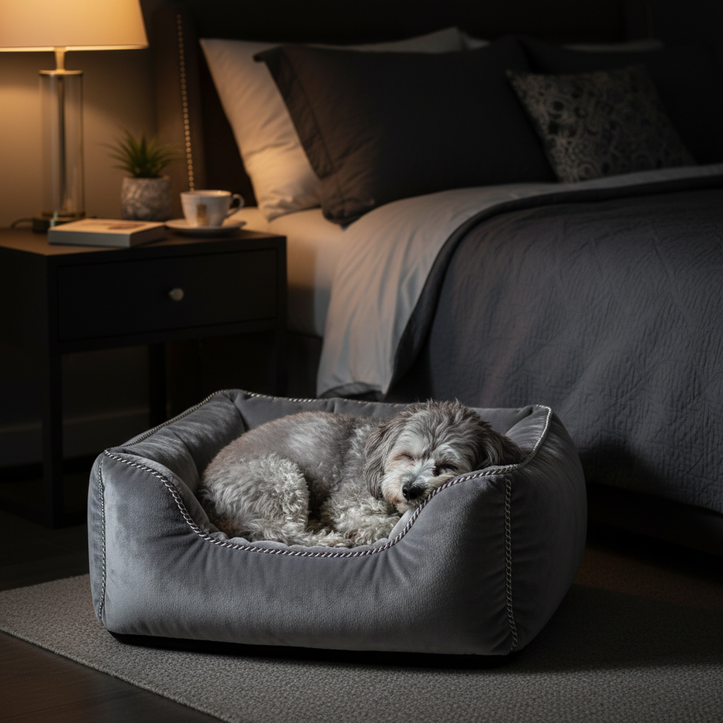 Small fluffy gray dog resting in VelvetThrone pet sofa in cozy bedroom