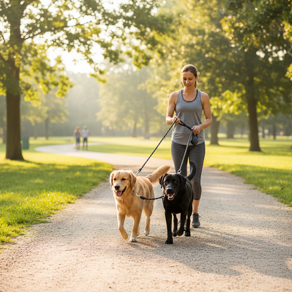 Two dogs walking together on TrailSet Pro double-ended coupler leash in park