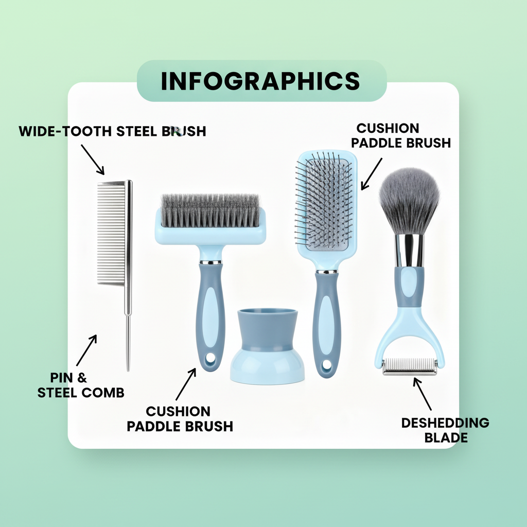 GroomPro 5-piece set infographic with labeled tools on mint white background