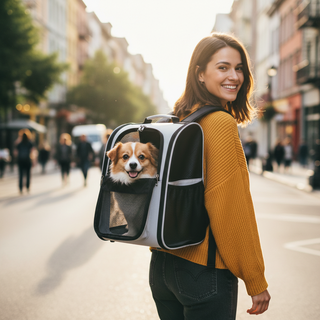 Woman wearing PawVenture Pro backpack on city street with dog peeking out