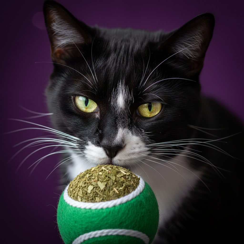 Black and white cat sniffing NipPlay catnip ball on purple background