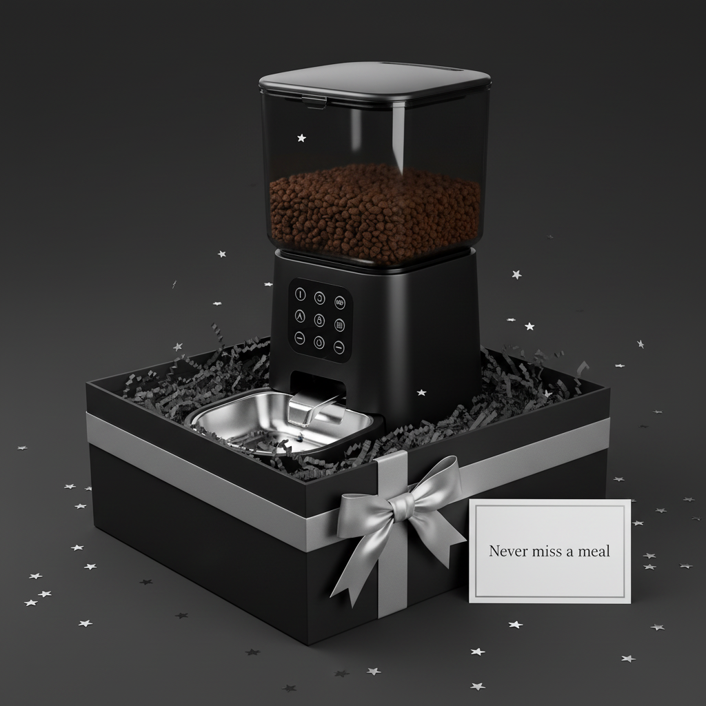 FeedMaster Pro gift presentation in black premium box with silver ribbon on charcoal background
