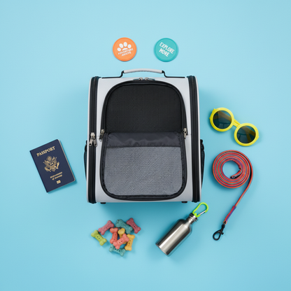 PawVenture Pro flat lay with travel accessories on sky blue background