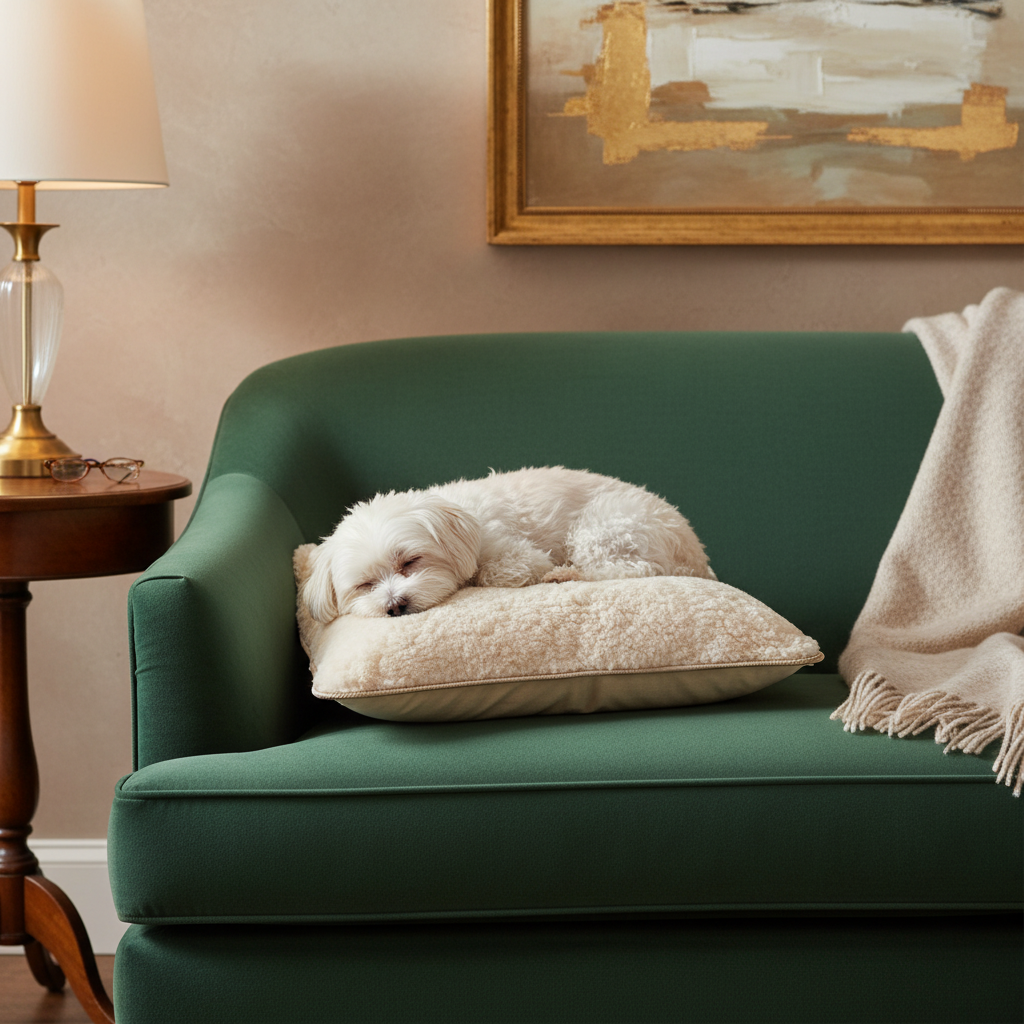 Small white dog napping on CloudNest luxury pet cushion on velvet sofa