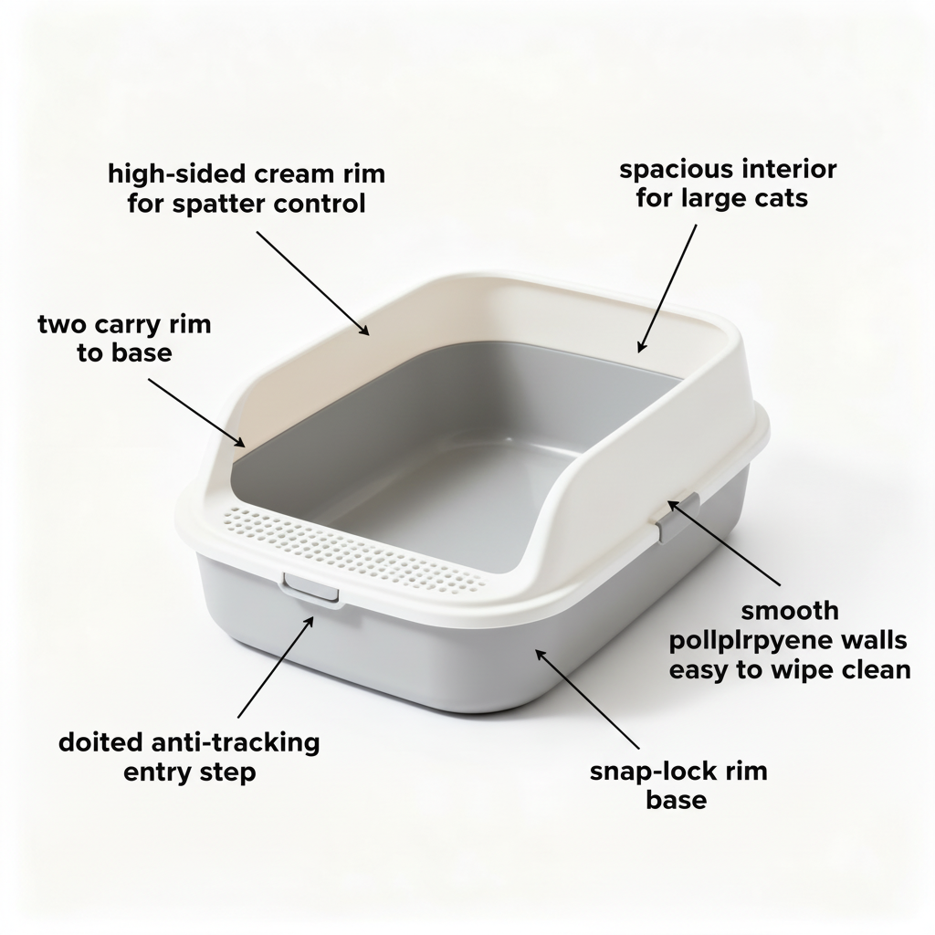 OpenAir litter box feature infographic on warm white background with labeled callouts