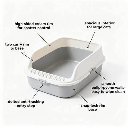 OpenAir litter box feature infographic on warm white background with labeled callouts